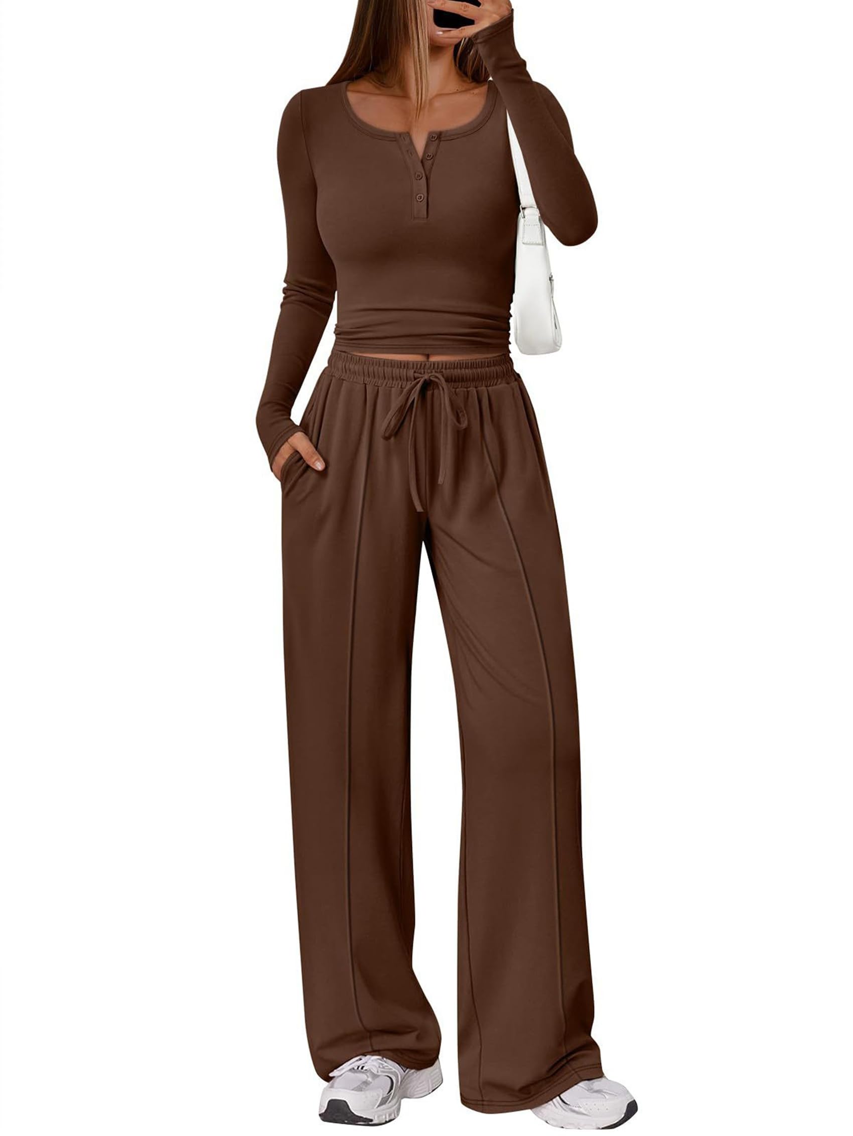 Womens 2 Piece Lounge Set Long Sleeve Henley Neck Slightly Crop Top Wide Leg Pants Casual Sweatsuit Dark