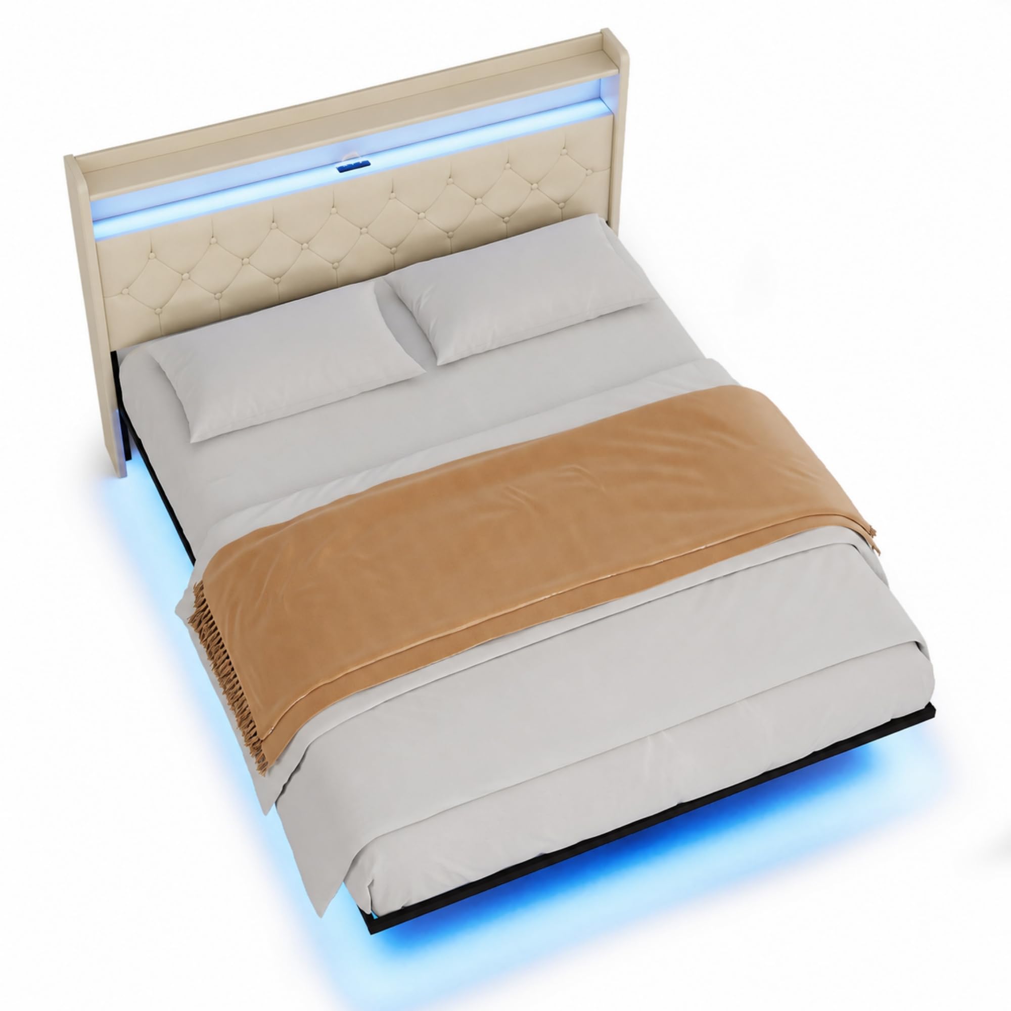 Xbro Łóżko 160x200 cm z pływającym, tapicerowane łóżko z oświetleniem LED i stacją ładującą (USB/wtyczka), wyściełany zagłówek z miejscem do przechowywania, Somier, ciemnoszary