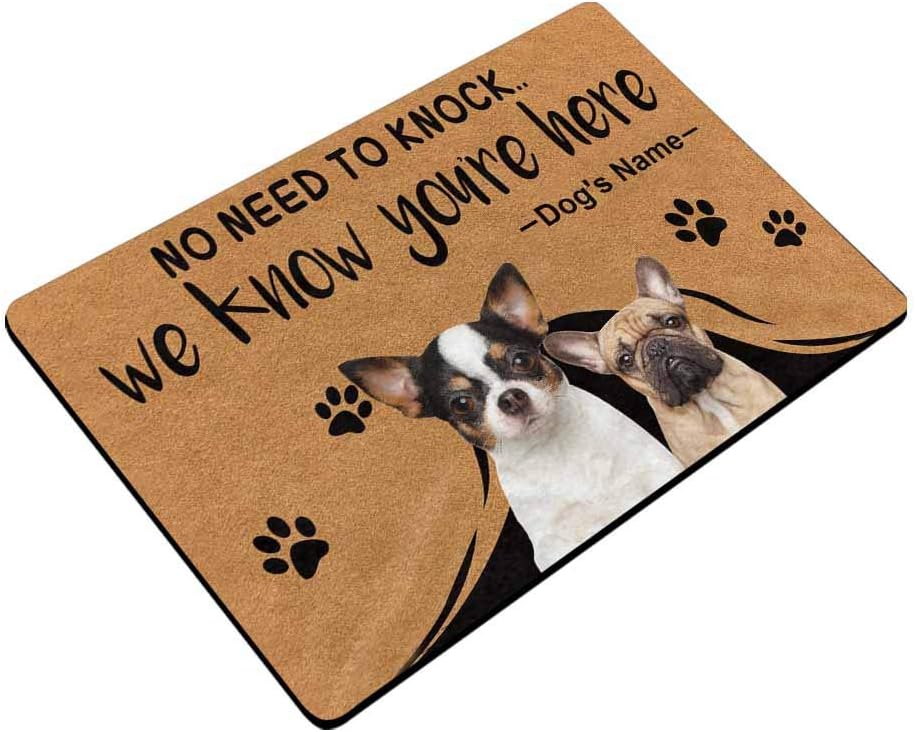 MyPupSocks Custom No Need to Knock We Know You're Here Doormat with Picture Text Name Door Mat Floor Rug 23.6 x 15.7 Inches Indoor Outdoor Bathroom Living Room Non Slip Decor