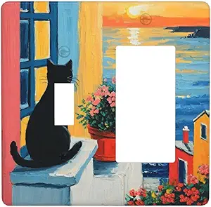 Decorative Outlet Covers Vintage Oil Painting Style Black Cat Sea Flowers 2 Gang 1 Gang Wall Plate Cover Single Toggle Rocker Combo Light Switch Cover Plate Face Plate for Home Decor
