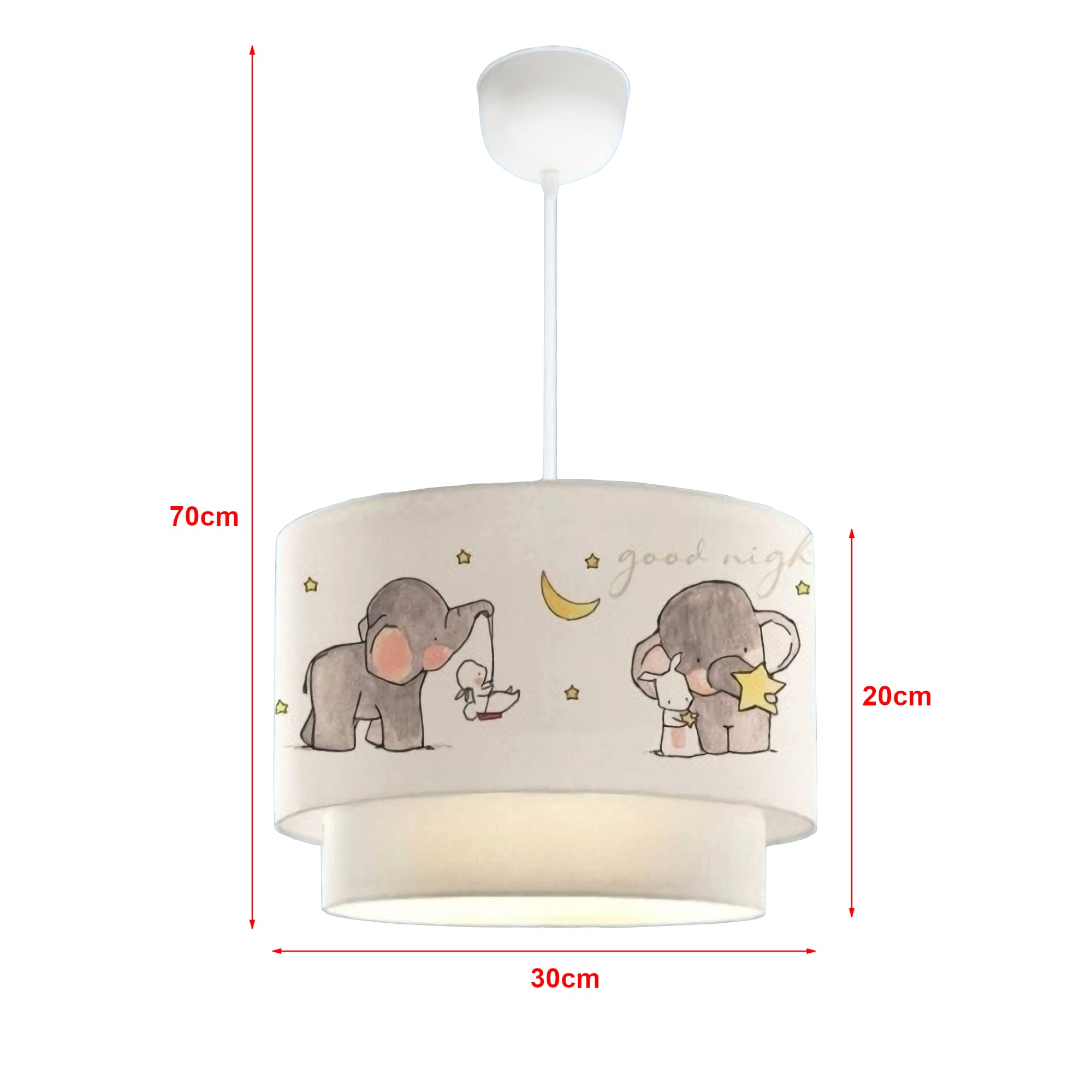 lux.pro Lámpara Colgante Infantil Lurgan Lámpara de Techo para Niños con Motivo de Elefante para Dormitorio 1xE27 Pantalla Doble de Tela 70 x Ø 30 cm Blanco