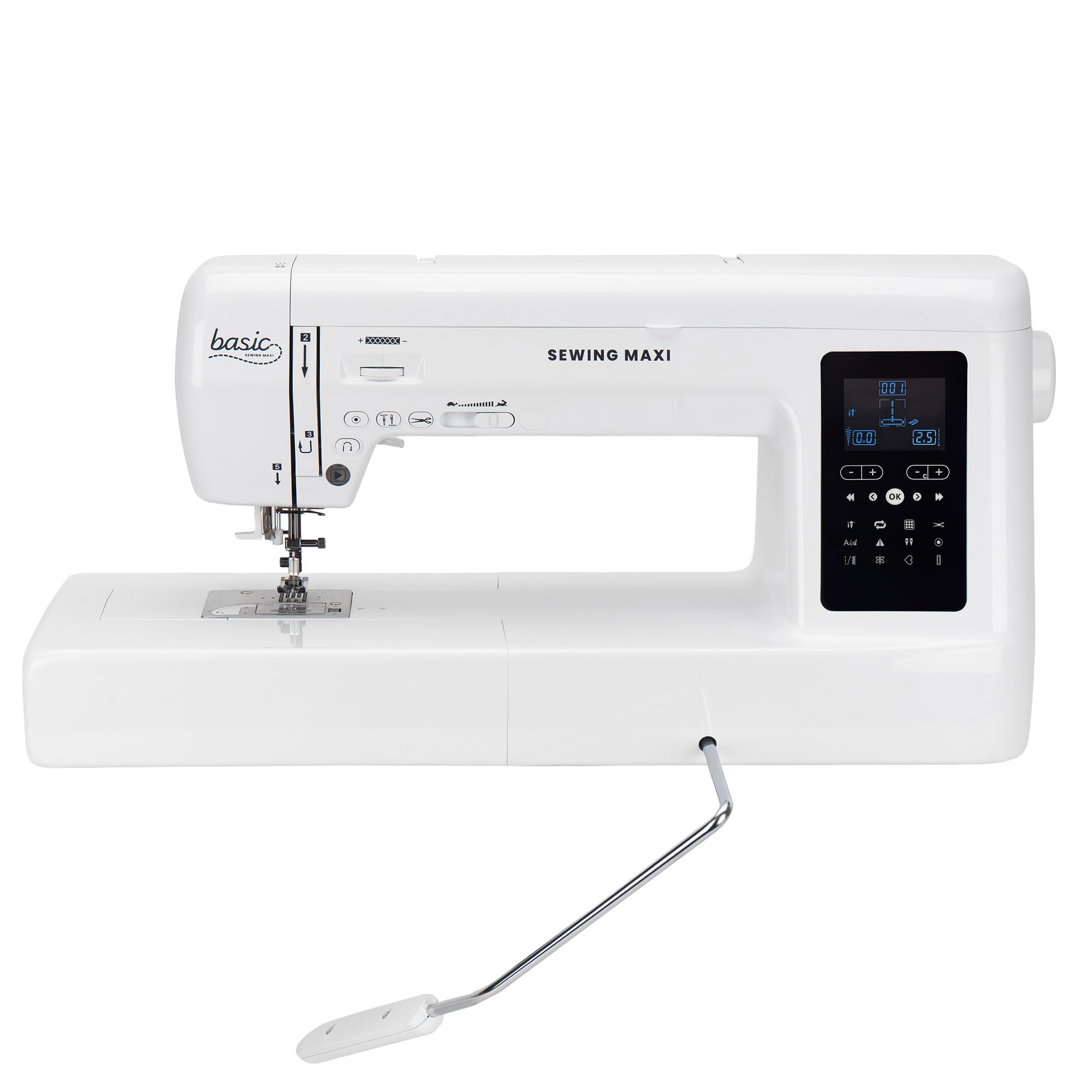 Nähwelt Flach Basic Sewing Maxi Computer-Nähmaschine – Langarm Nähmaschine mit 30 cm Durchlass, 200 Stichen, LCD-Display & Kniehebel, 1000 Stiche/Min