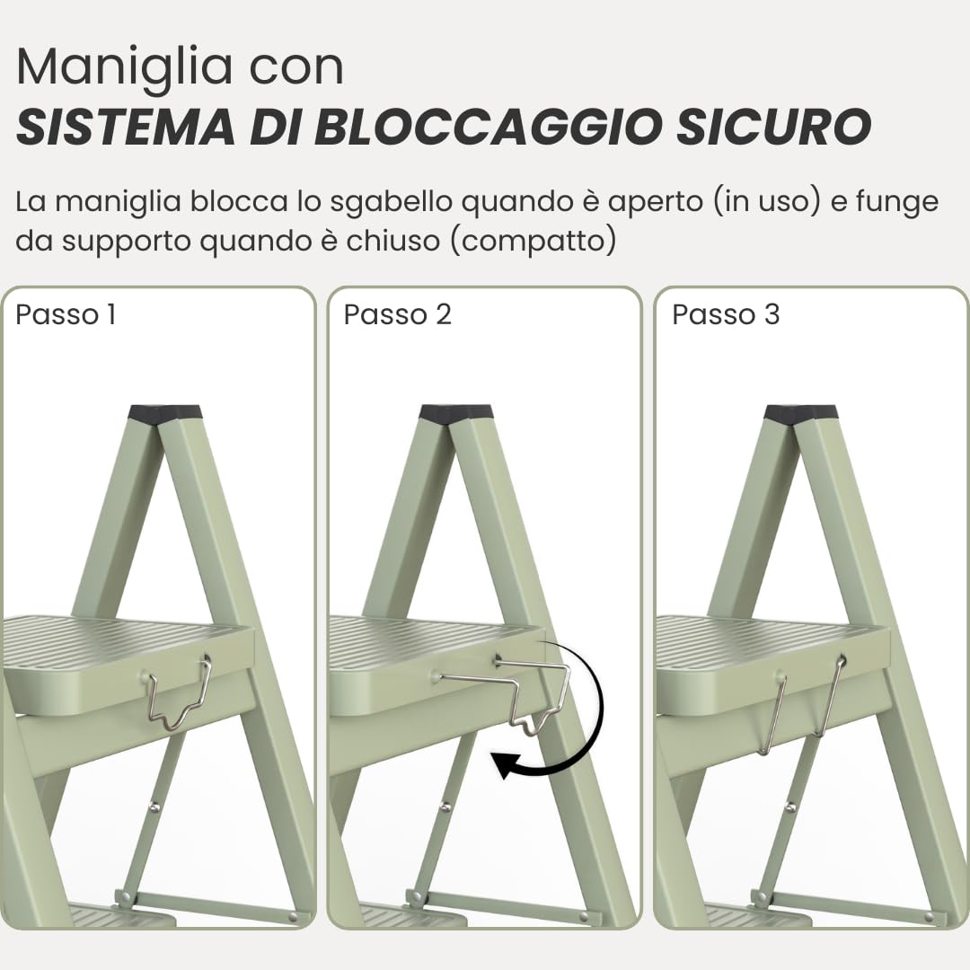 Vigar Scaletta a due gradini, pieghevole fino a 150 kg, leggera, in acciaio antiscivolo, con manico in metallo, scala pieghevole per la casa, Verde | Scaletta leggera in acciaio antiscivolo con manico in metallo, scala pieghevole per casa, sgabello a 2 gr