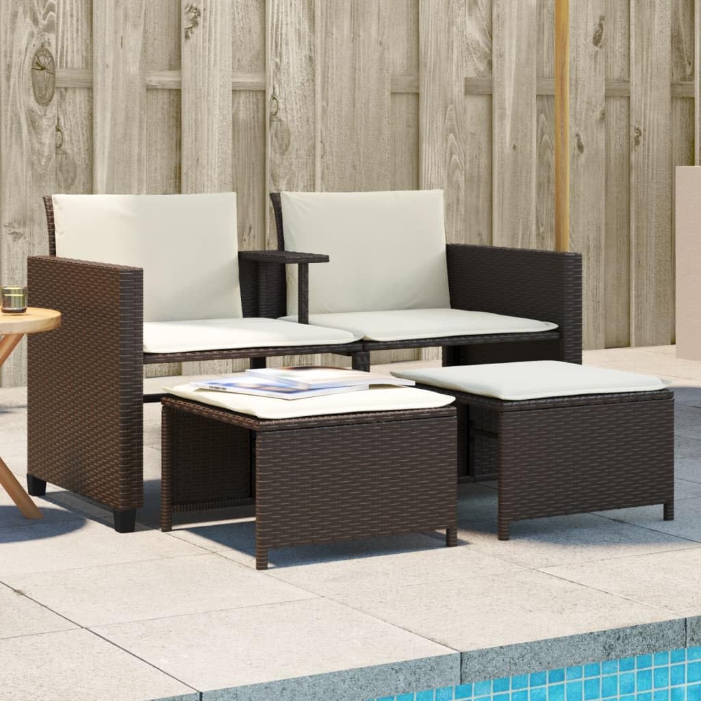 Sofá de jardín de 2 plazas de ratán, sofá con taburete, balcón, sofá pequeño, sofá de balcón, sofá de 2 plazas, muebles de jardín, sofá de ratán, balcón, salón, marrón
