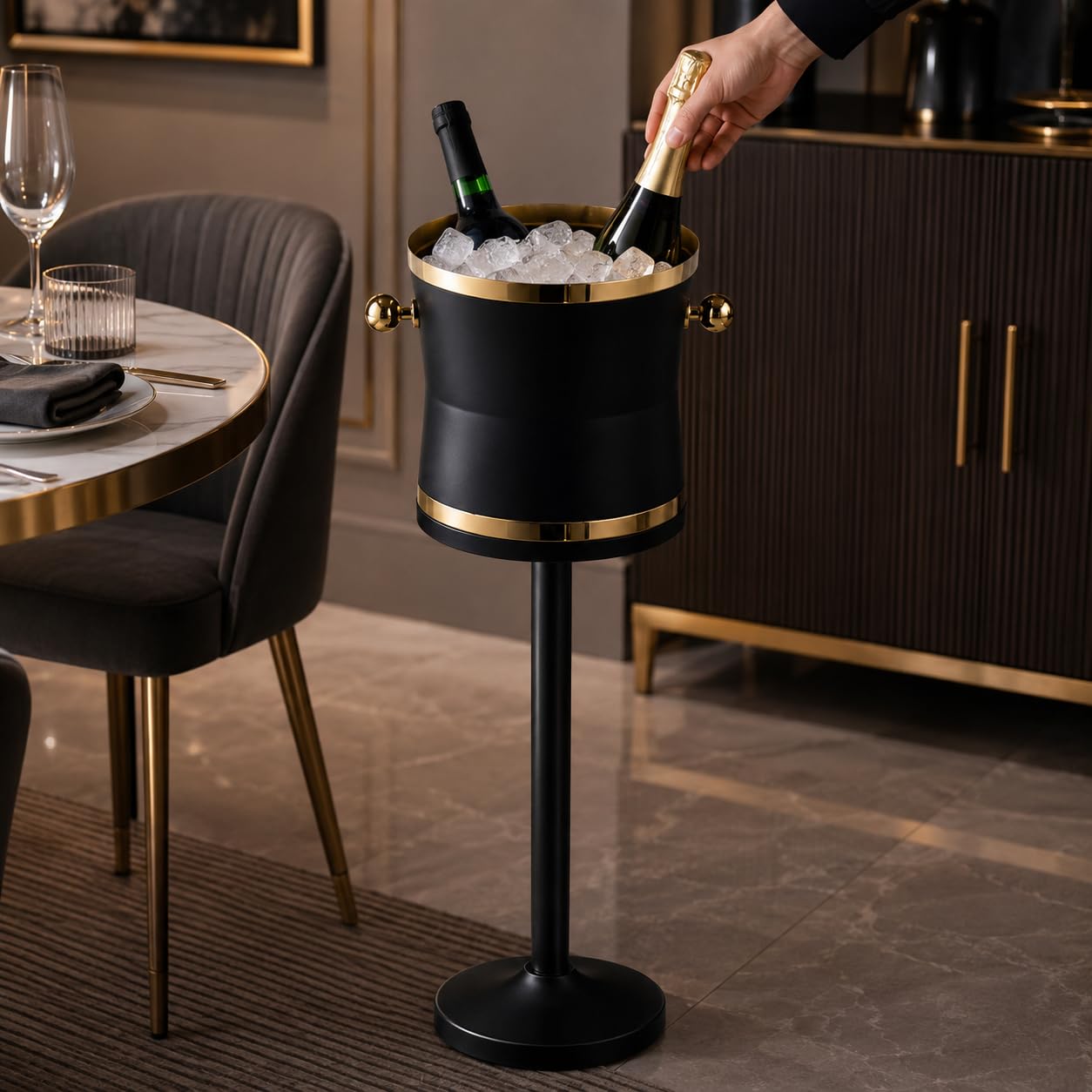 Enfriador de vino de acero inoxidable con soporte, cubo de hielo para eventos y entretenimiento en casa, soporte de 69 cm, cubo de 19,8 x 22 cm, diseño duradero y elegante