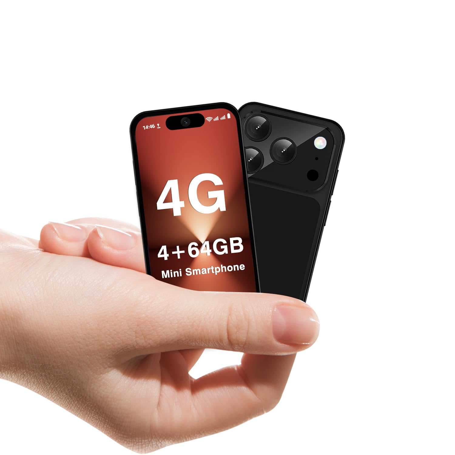 Mini Smartphone, Liberado 4G, Pantalla 3,88 Pulgadas, Android 12, Batería 1950mAh, Teléfono para Niños y Estudiantes, Doble SIM, Reconocimiento Facial (Negro, 4G)