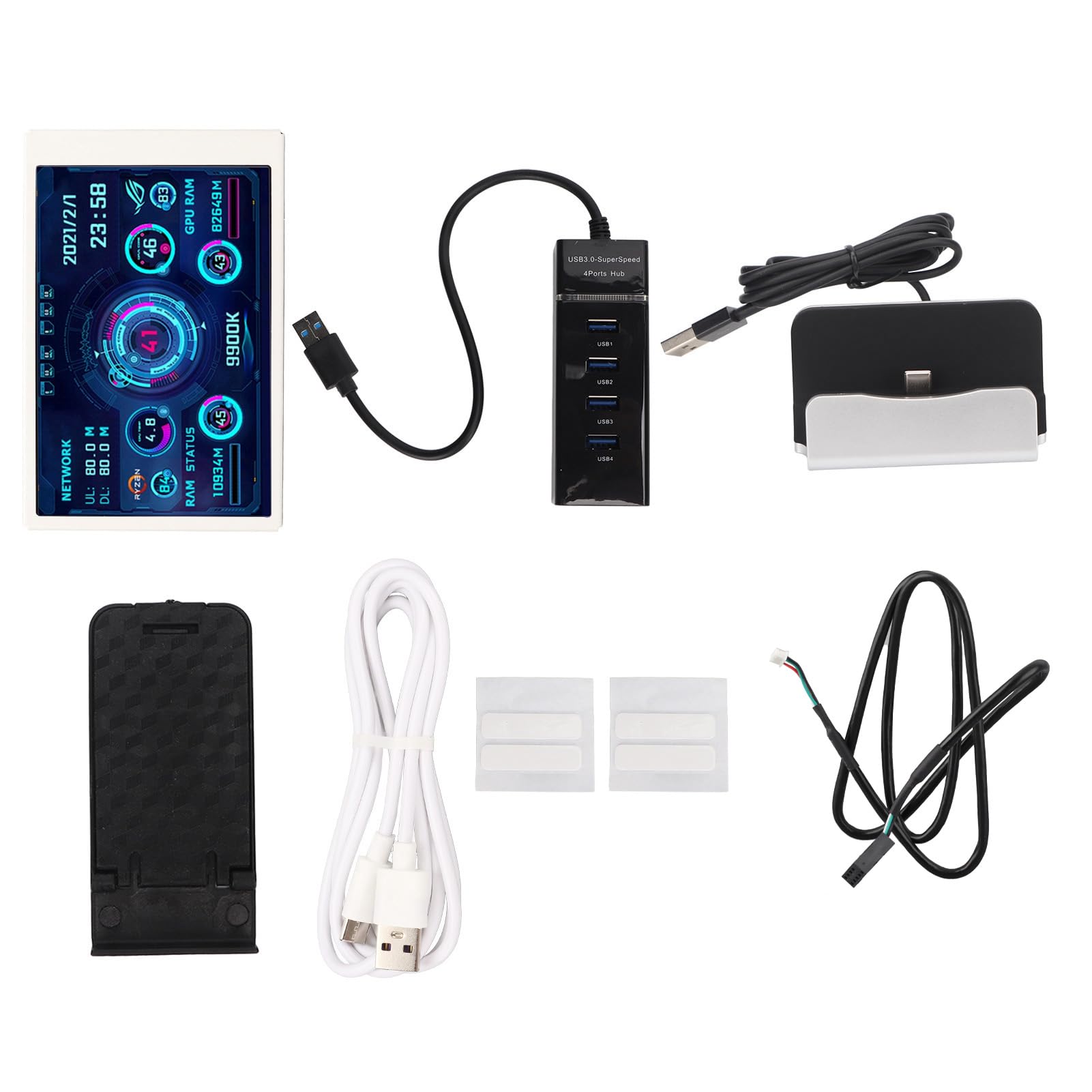 Moniteur de température d'ordinateur, 3.5 pouces, vue complète, USB C, arrêt automatique, rotatif, moniteur de données CPU, pour châssis de jeu, ordinateur de bureau (Ensemble blanc)