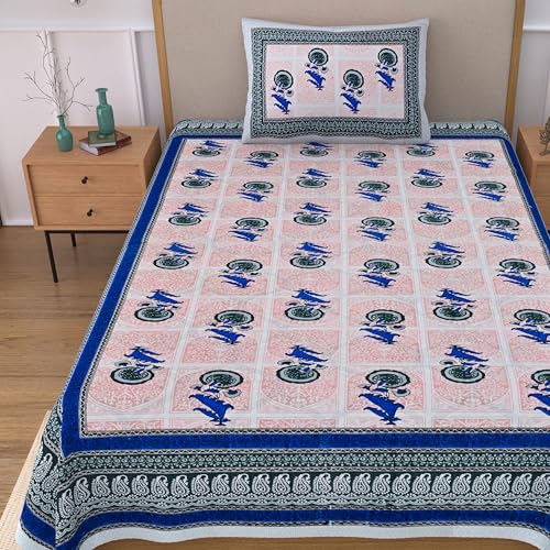 Image of 100% Cotton Single Bedsheet with 1 Pillow Cover | 240 TC Pure Cotton Flat Bed Sheet | Traditional Jaipuri Printed Bedding Set | Soft & Breathable | 60 x 90 Inch (Rangmahal Single 01)
