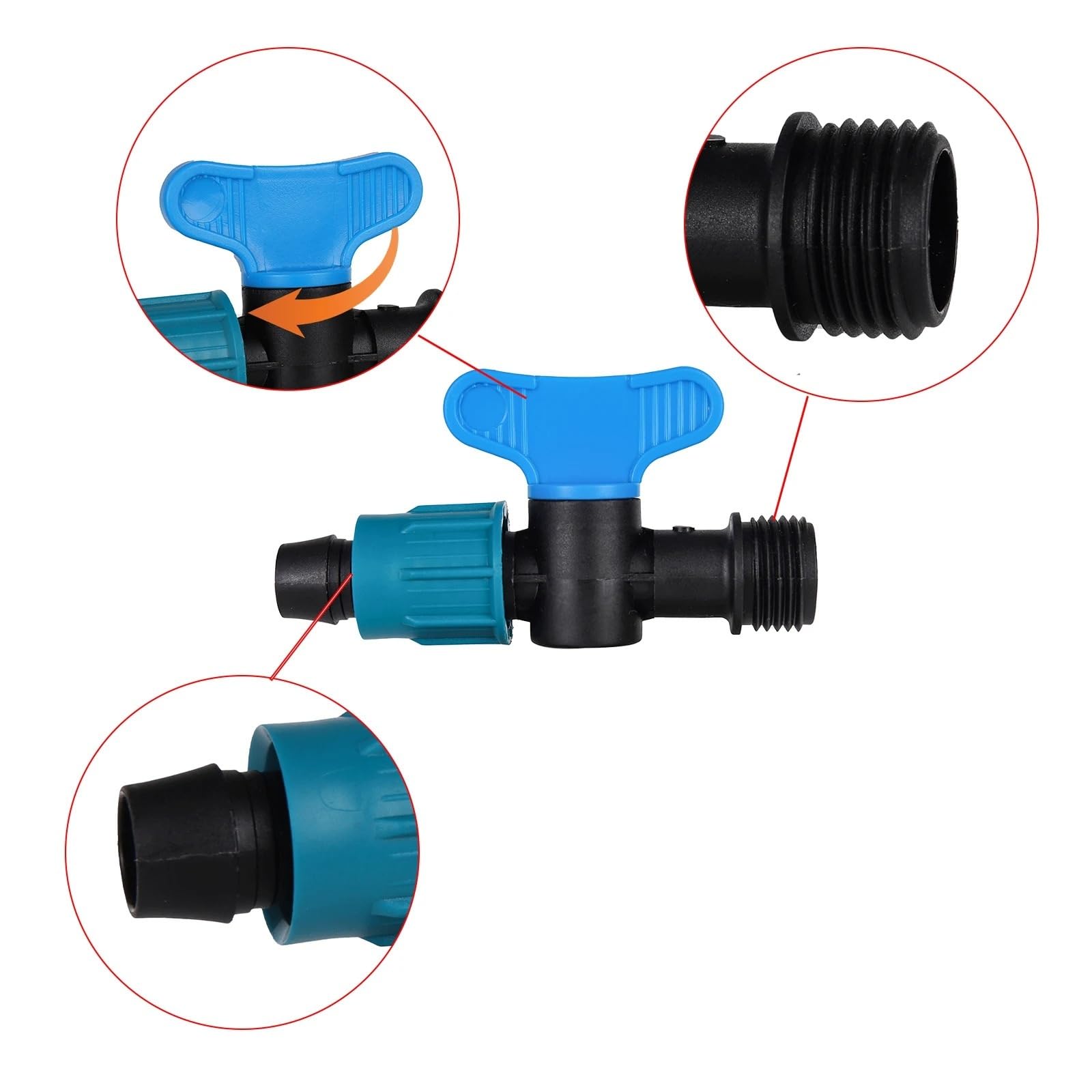 Valvola di arresto dell'acqua con dado di bloccaggio for tubo da 16 mm, nastro antigoccia, valvola di derivazione, valvola di intercettazione for irrigazione agricola, valvola di controllo dell'acqua,
