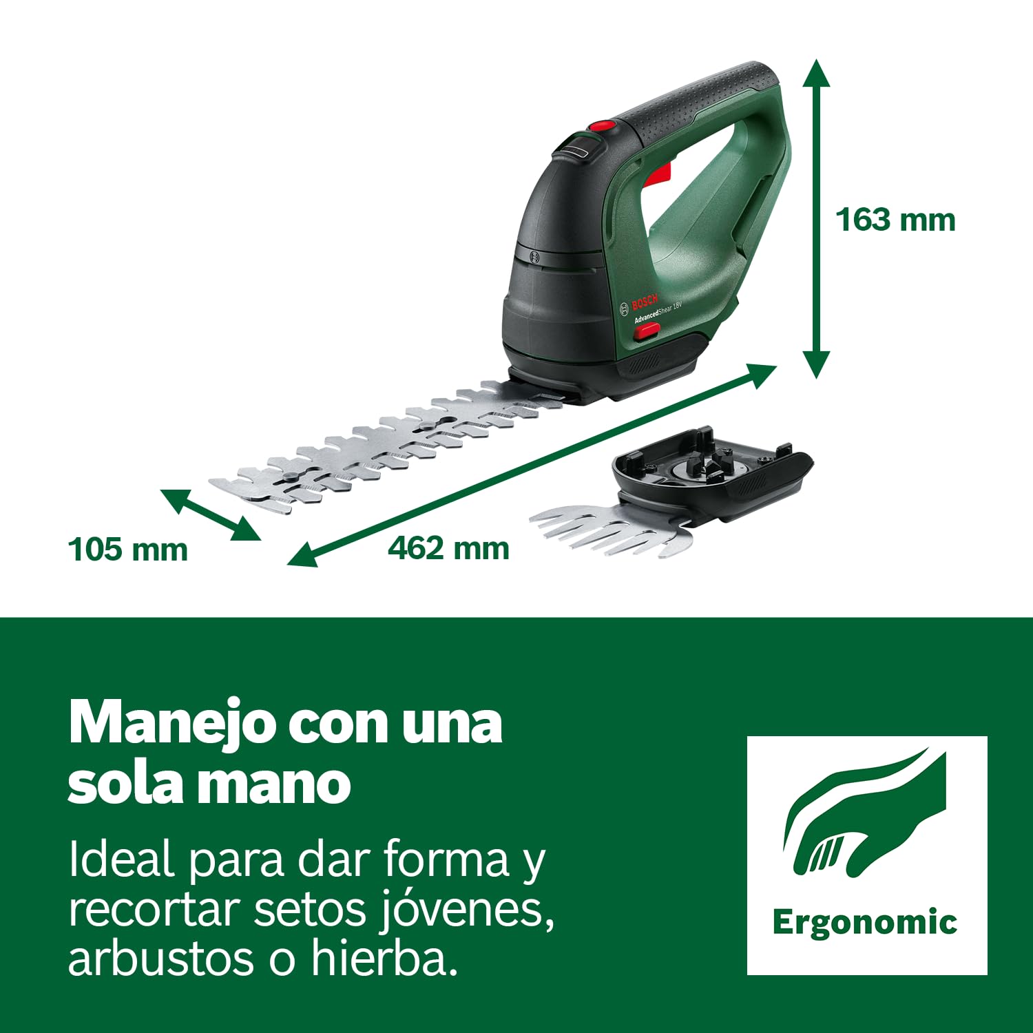 Bosch cortacésped/cortasetos a batería AdvancedShear 18V-10 (1 batería de 2,0 Ah, sistema de 18V, cortan hasta 85 m² por cada ciclo de batería, con cuchillas cortacésped y cortasetos, en caja)