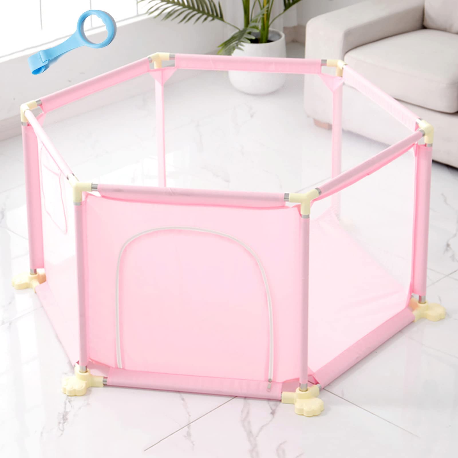 Baby Playpen Green/Pink/Grey,Hexagonal Baby Fence,Indoor Outdoor Kids Activity Center Safety Playard,Crawling Playpen,with Breathable Net,Zipper Door and Anti-Slip Base,Pink-125×65×65cm