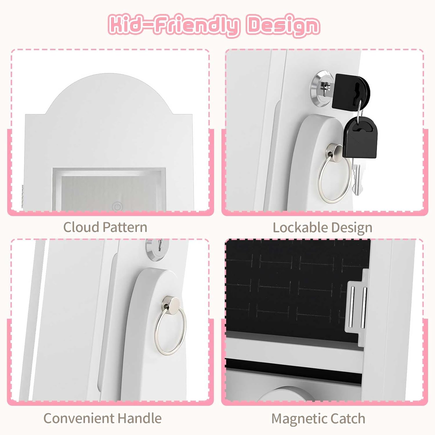 INFANS Kids Jewelry Armoire Cabinet with LED Lights, Lockable Standing Organizer with Full-length Mirror, Unicorn Theme Children Vanity Dress Up Storage Rack for Girls
