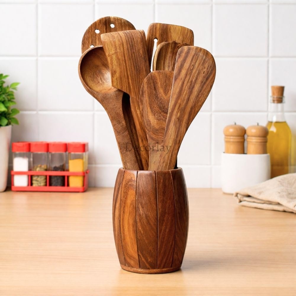 Decorlay Wooden Spoon Natural Handmade Cooking Spoon Set, Kitchen Utensils, Frying Spoon Ladles & Turning Spatula Nonstick Sp