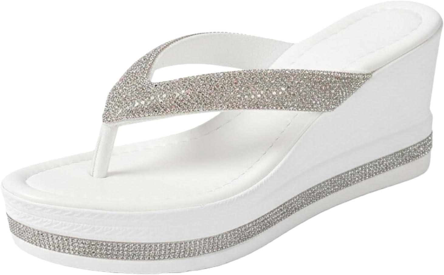 Rhinestone Wedge Sandals for Women Chunky Platform Flip Flops Casual Summer Dressy Thong Heels Sandals Wedding Shoes