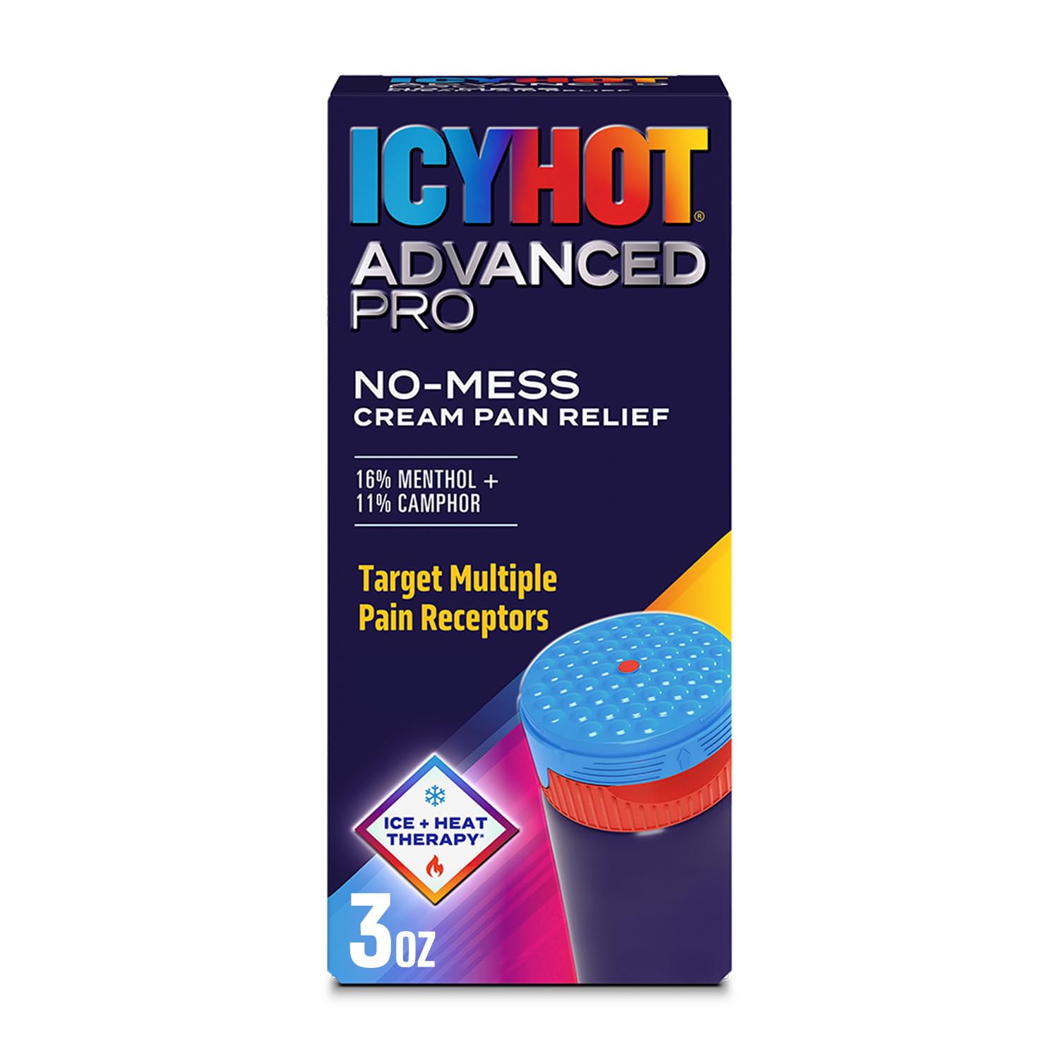 Icy Hot Advanced PRO Pain Relief No-Mess Cream with Massaging Applicator, Max Strength Pain Relief with Menthol 16% and Camphor 11% for Backaches, Joints, Muscle Strains and Arthritis, 3 oz