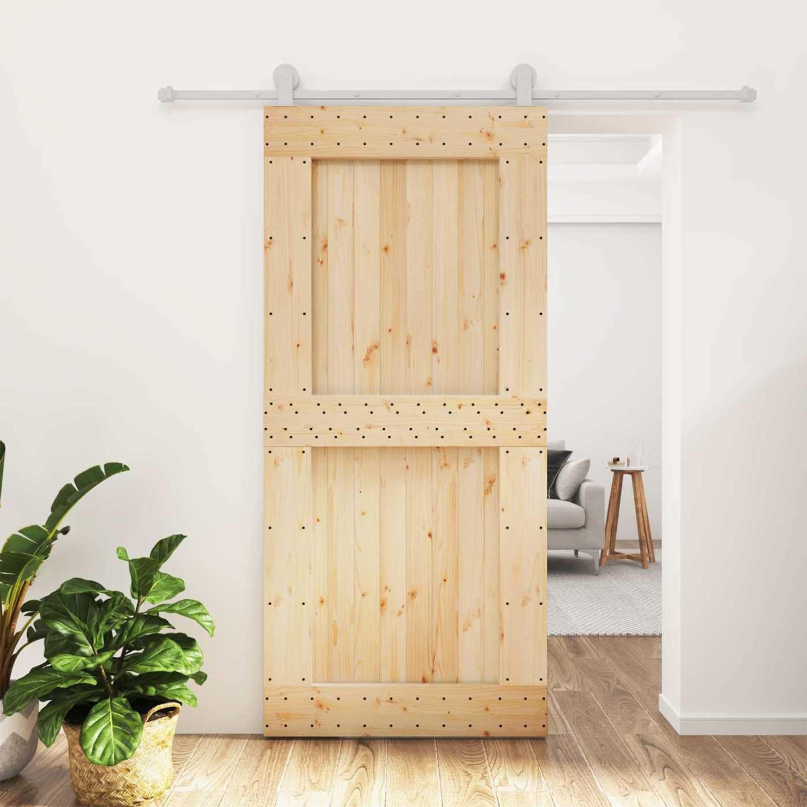 Porte Coulissante Pin Massif 95 x 210 cm, Naturel et Blanc