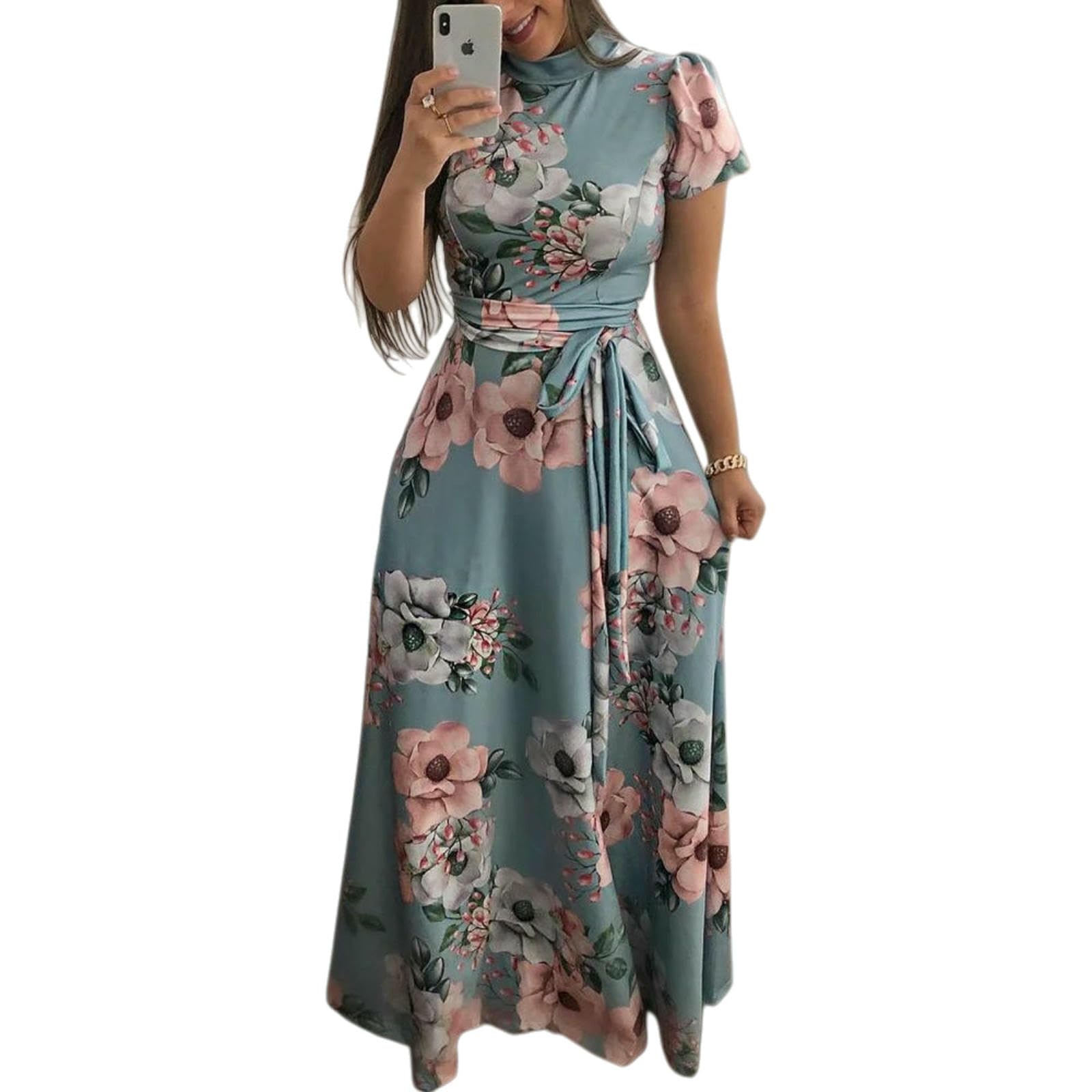 Vestito Abito Maxi A Maniche Lunghe Collo Alto, Stile Blu A-Line con Cravatta in Vita, Elegante Outfit per Festa Estiva-Dark Blue-XL