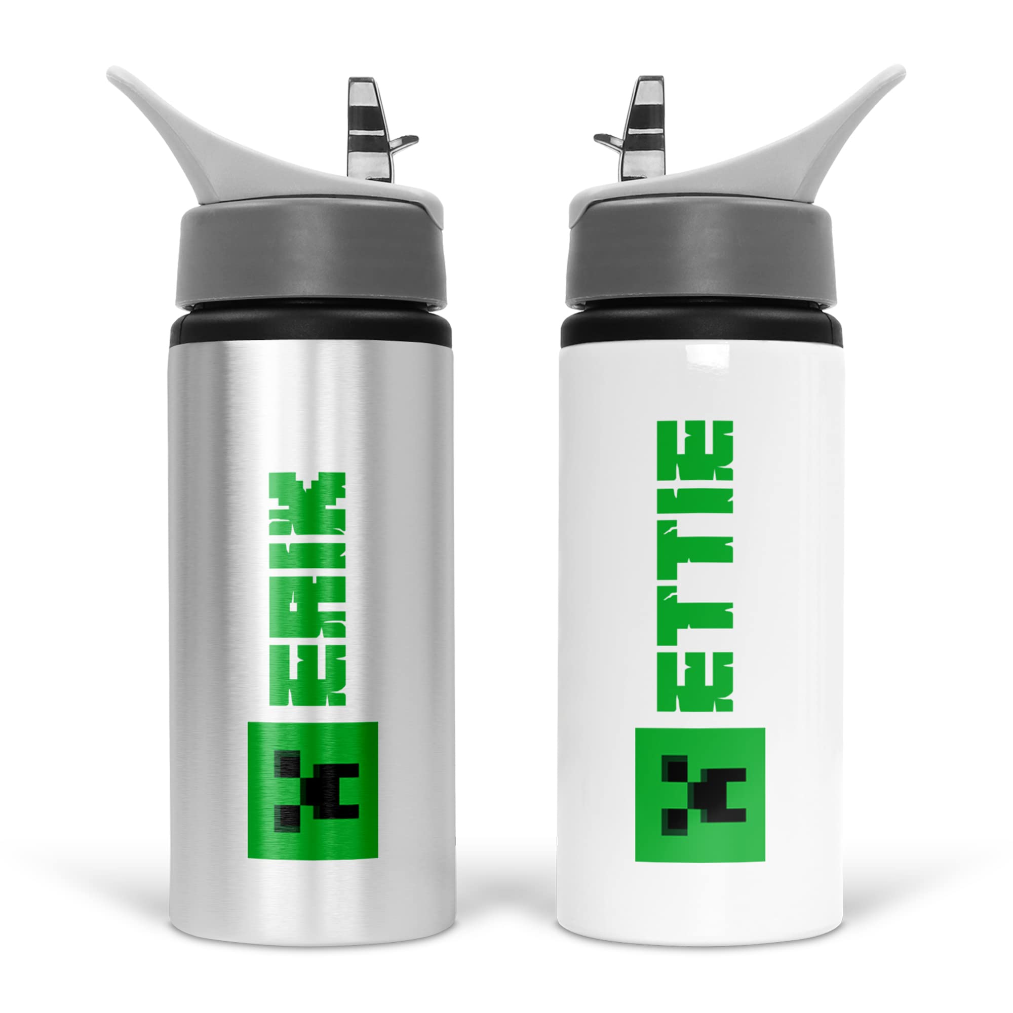 Print Maniacs Personalised Water Bottle Mine Icon School Sport Drink 600ml Leakproof Spill Proof Aluminium Hot Cold Flip up Kid Boys Girls Biking Gift (Green)