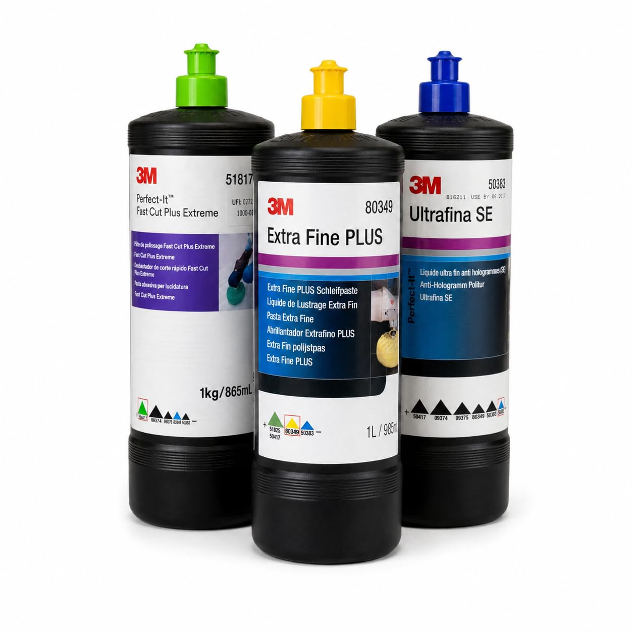 3M Perfect-It Kit Pasta Abrasiva per Carrozzeria Auto, 3 Step Lucidatura con Fast Cut Plus Extreme 51815 1kg, Extra Fine Plus 80349 1L e Ultrafina SE 50383 1L, Anti-Ologrammi