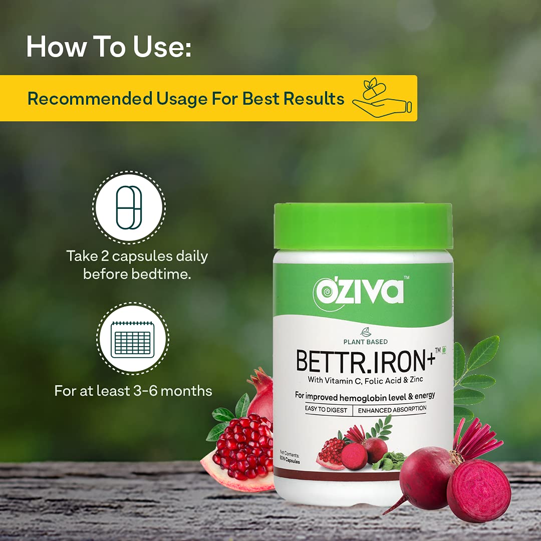 Buy OZiva Bettr.Iron+ (Plant Based Iron, Vitamin C, Folic Acid, Zinc