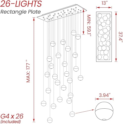Miniatura 3 de KJLARS Lámpara de araña de cristal LED moderna lámpara colgante de gota de lluvia lámpara de techo de bola de cristal 26 luces para escalera sala de