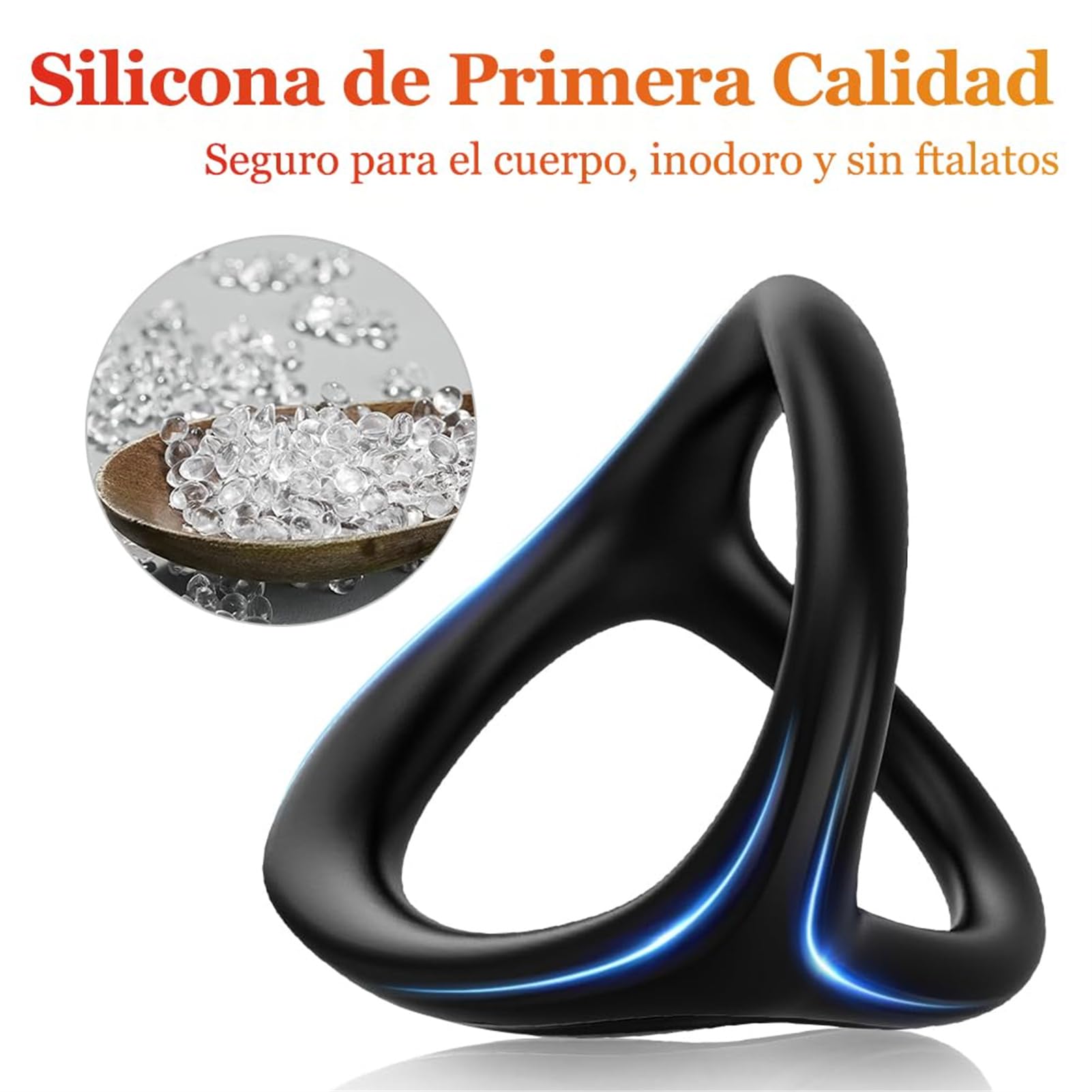 Anillo de Silicona Triangular y Circular para Hombres, Negro, 6 Tamaños, Set de 7 Piezas con Lazos Ajustables