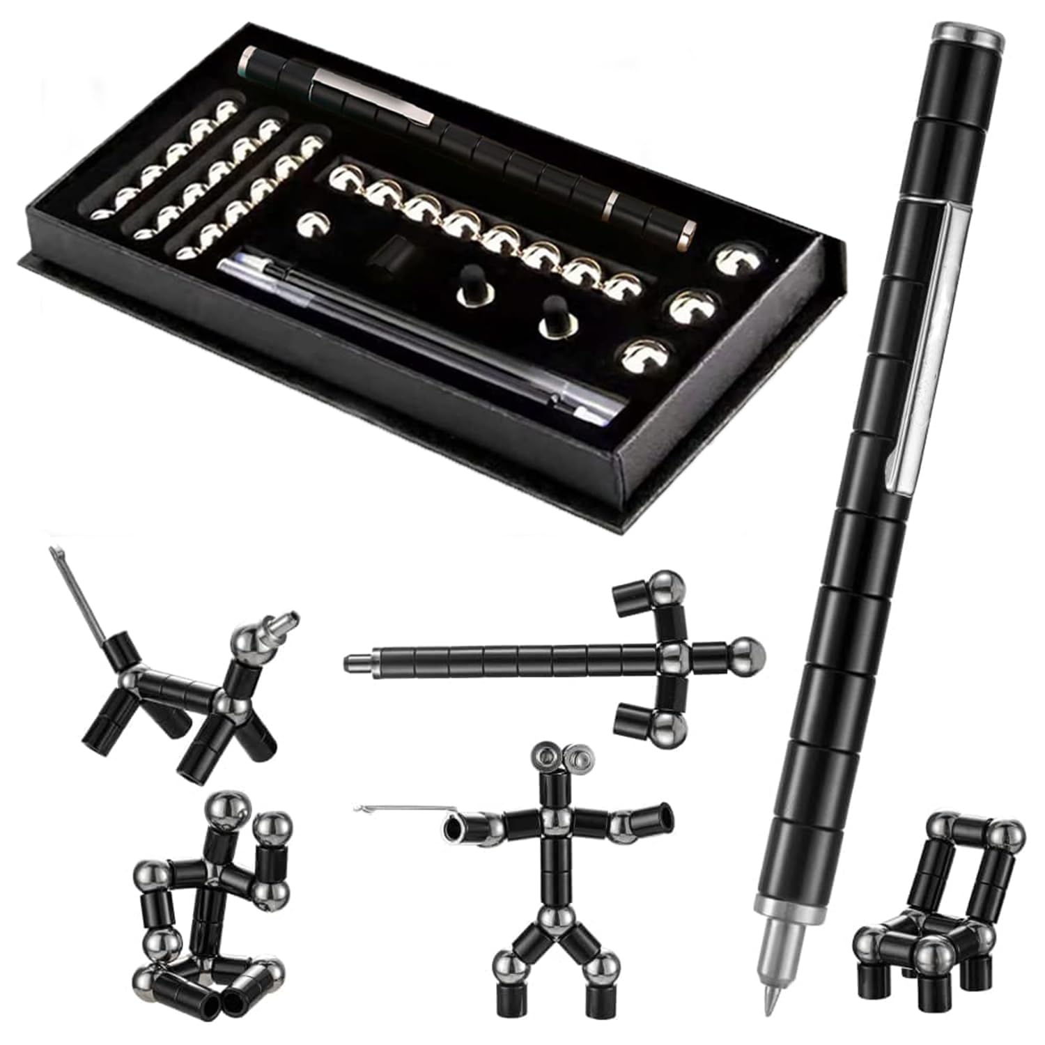 X springFidget Toys Pen, Magnet Fidget Pen, Decompression Magnet Metal Pen, Multifunction Writing Magnet Ballpoint Pen, Deformable Creative Toy Pen (Black)