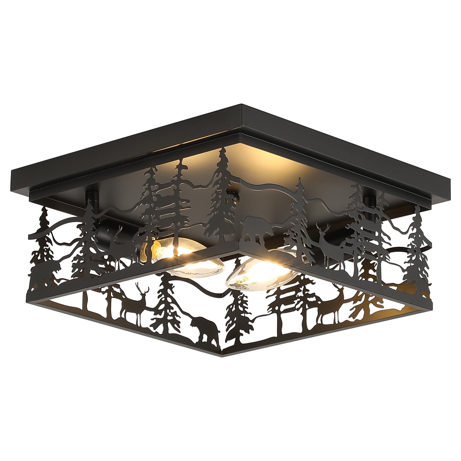 Merexcint Rustic Industrial Flush Mount Ceiling Light, 11" Black Metal Cabin Design E12 Square Ceiling Light Fixture, for Kitchen, Foyer, Bedroom