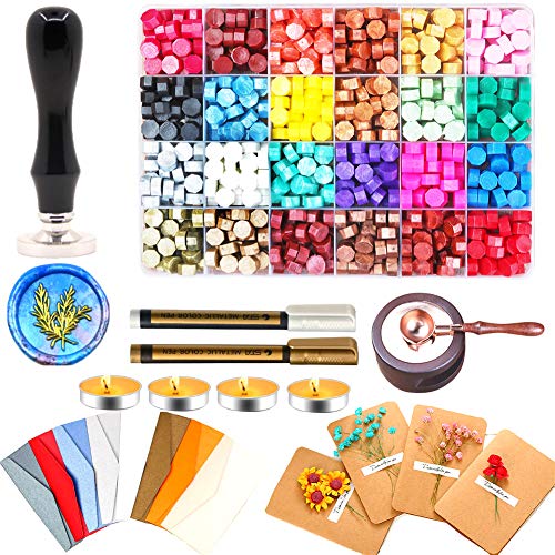 Wax Seal Set, ONWINPOR 673pcs Wax Sealing Kit with Wax Seal Beads, Sealing Wax Warmer, Envelopes, Wax Seal Stamp Flower Cards and Wax Seal Pen for Wax Stamp Sealing