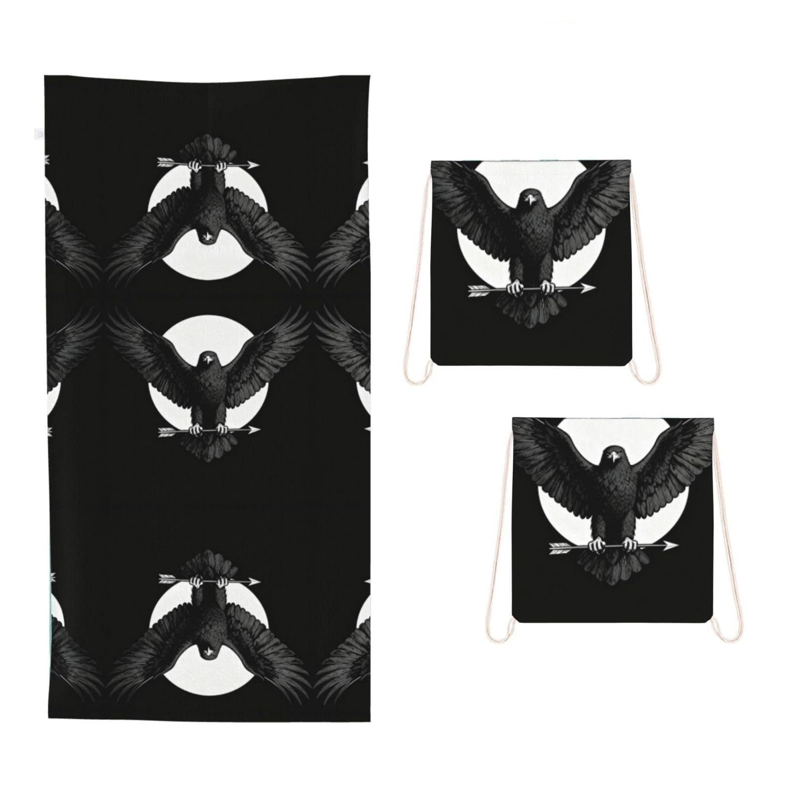 CNTDBU Black Eagle Wings 2 in 1 Packable Towel Bag-Large Beach Towel with Stuff Sack, Super Absorbent Microfiber Travel Towel for Pool
