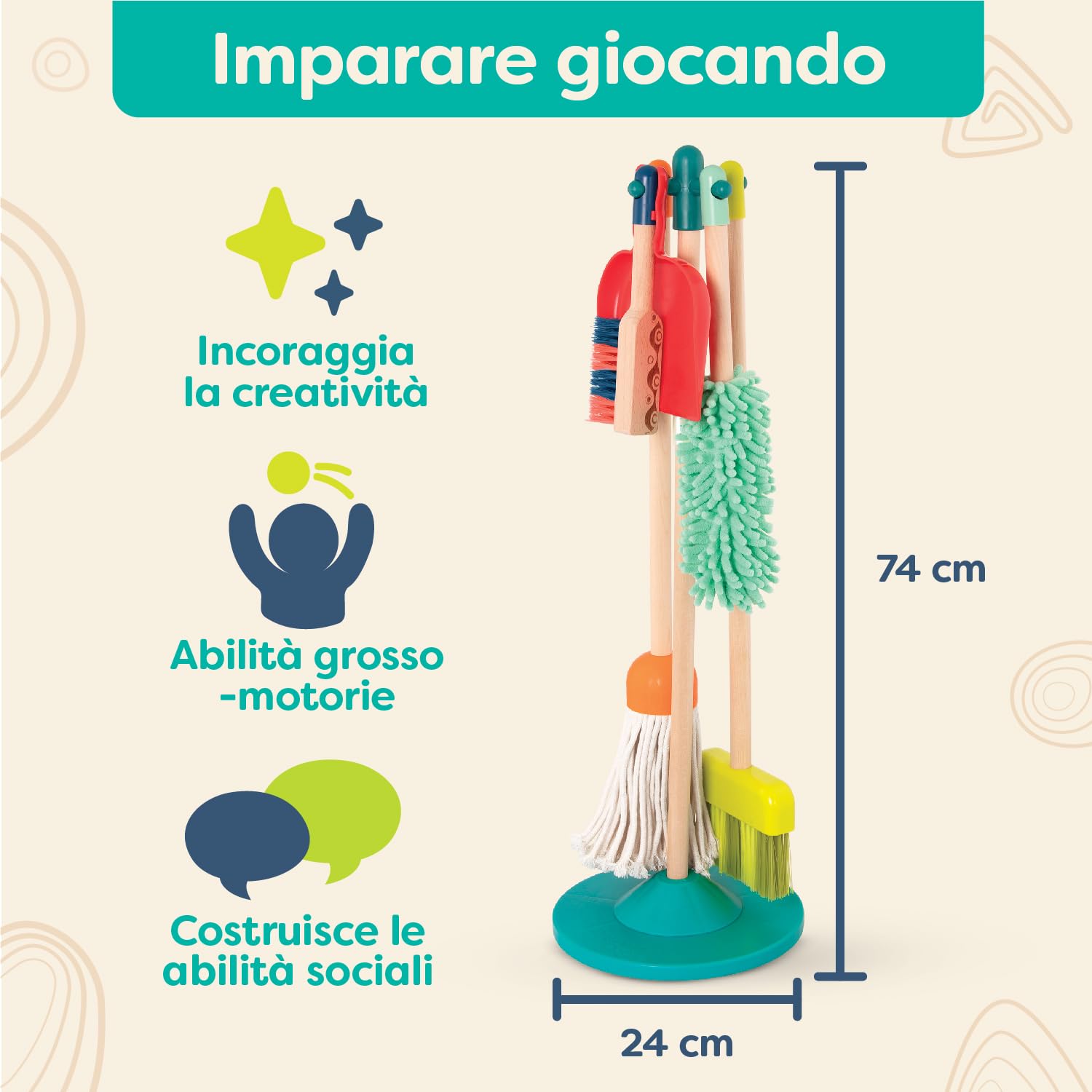 B. toys - Pulire e giocare - Set per la pulizia dei bambini - Giocattolo in legno - Kit di giochi di finzione per bambini e ragazzi - Scopa, mocio, spazzola, paletta, spolverino - 2 anni +