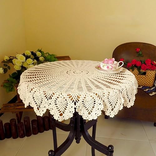Vista 15 de YIZUNNU Mantel redondo de algodón de 35.4 pulgadas, hecho a mano con encaje de ganchillo, mantel redondo de algodón, decoración de boda, hogar, Beige