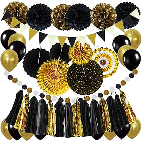 ZERODECO Black and Gold Decorations, Hanging Paper Fans Pom Poms Flowers Tassel Garlands String Triangle Bunting Flags and Balloons for Birthday Graduation Congrats Grad New Years Party Décor Cover