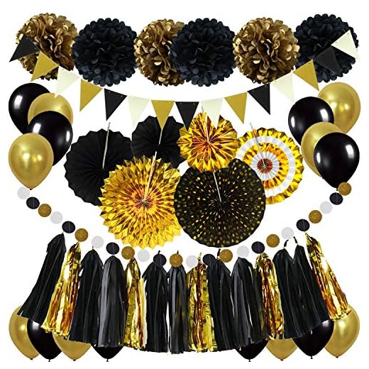Zerodeco Decoración para Fiestas, Negro y Dorado Pompones de Papel Colgantes abanicos Bandera de Onda Triangular Guirnalda Colgante Globo para cumpleaños Navidad Carnaval Año Nuevo decoración