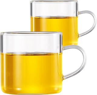 PARACITY Glass Tea Cups Set of 2 - 4.3oz Clear Borosilicate Teacups with Handle, Dishwasher Safe for Tea, Espresso, Cappuccino, Latte, Juice
