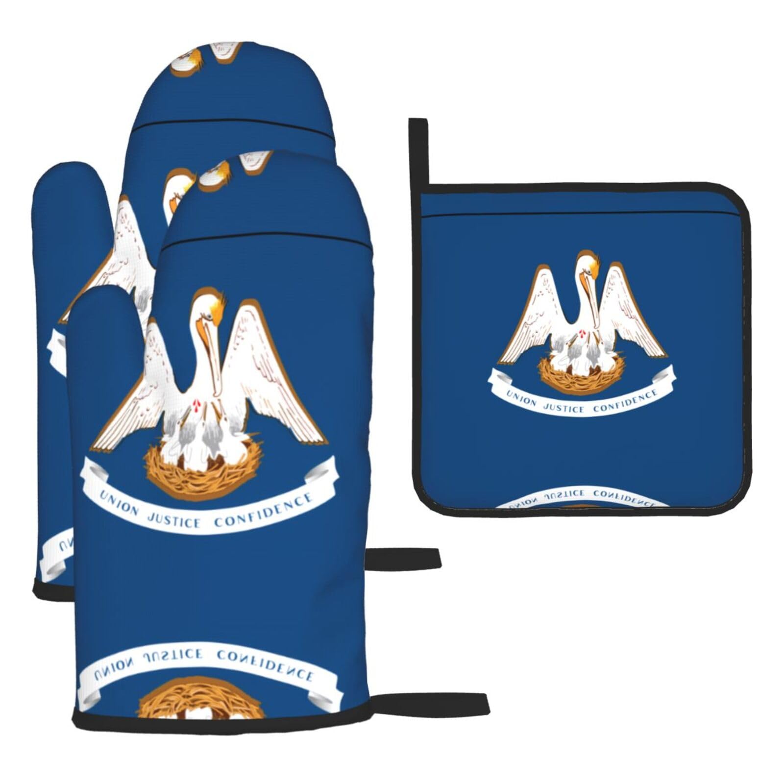 Louisiana State Flag Printed Kitchen Oven Mitt Set 3-Piece Heat Resistant Gloves with Pot Holder Mat for Cooking Baking BBQ
