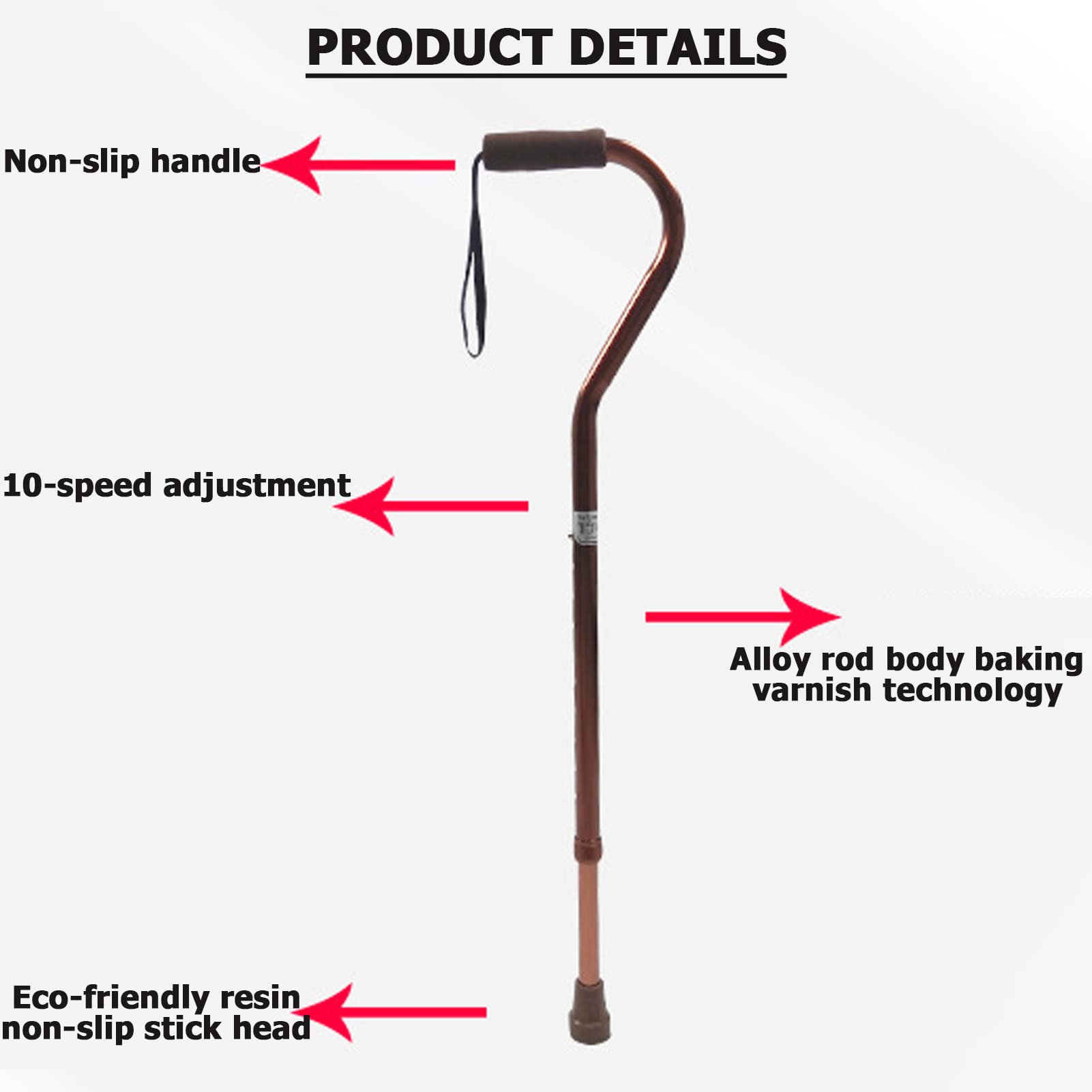 Bastone da Passeggio, Equilibrio Spostabile Portatile, Aiuto per deambulatore Leggero e Robusto con Base Regolabile in Altezza e Antiscivolo per Anziani di 155-190 cm,Marrone