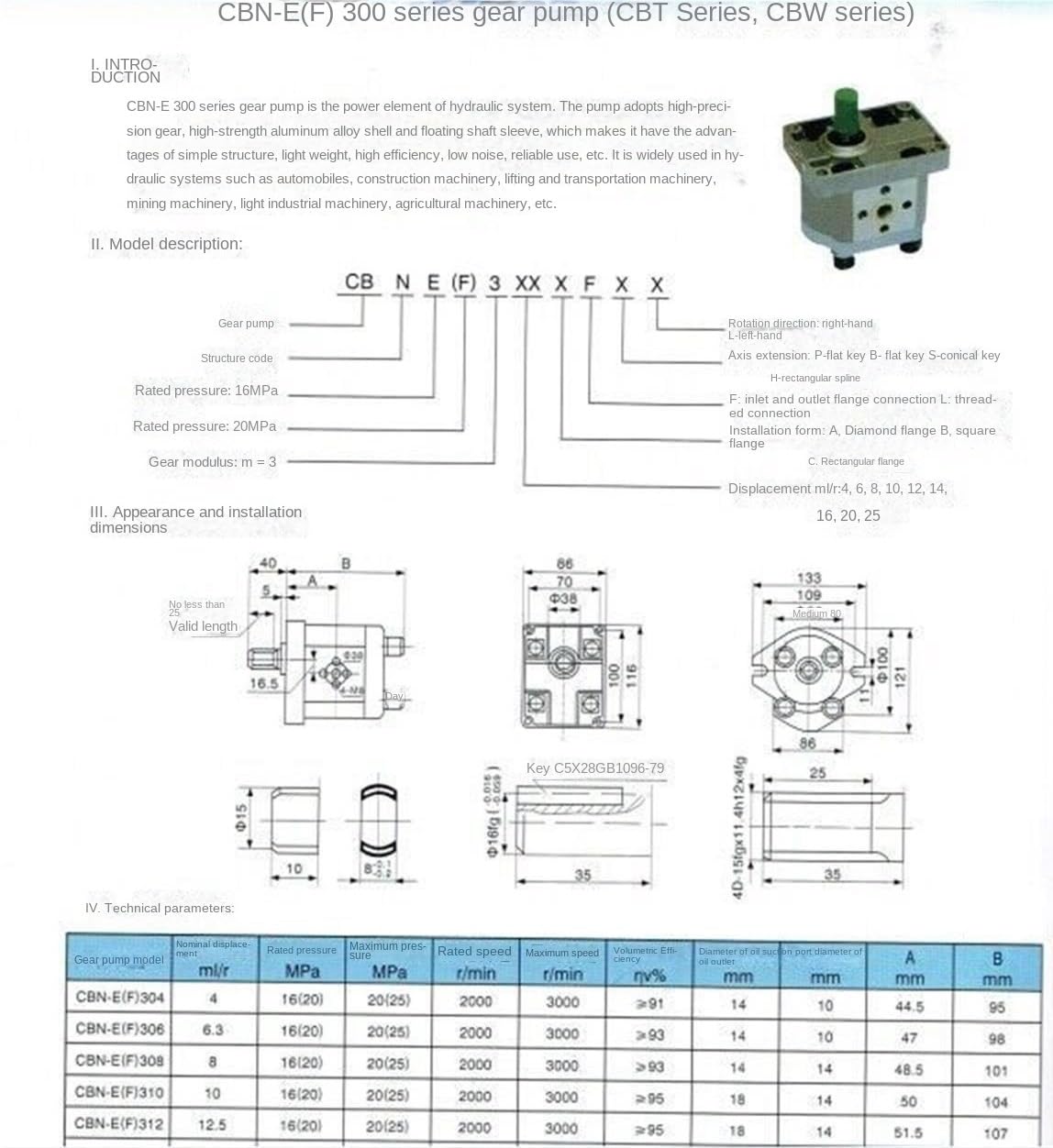 Zahnradpumpe Hydraulikpumpe Getriebeölpumpe CBN-F306 CBN-F308 CBN-F310 CBN-F316 CBN-F320 KIRANDY (Farbe : CBN-F310 single key shaft)