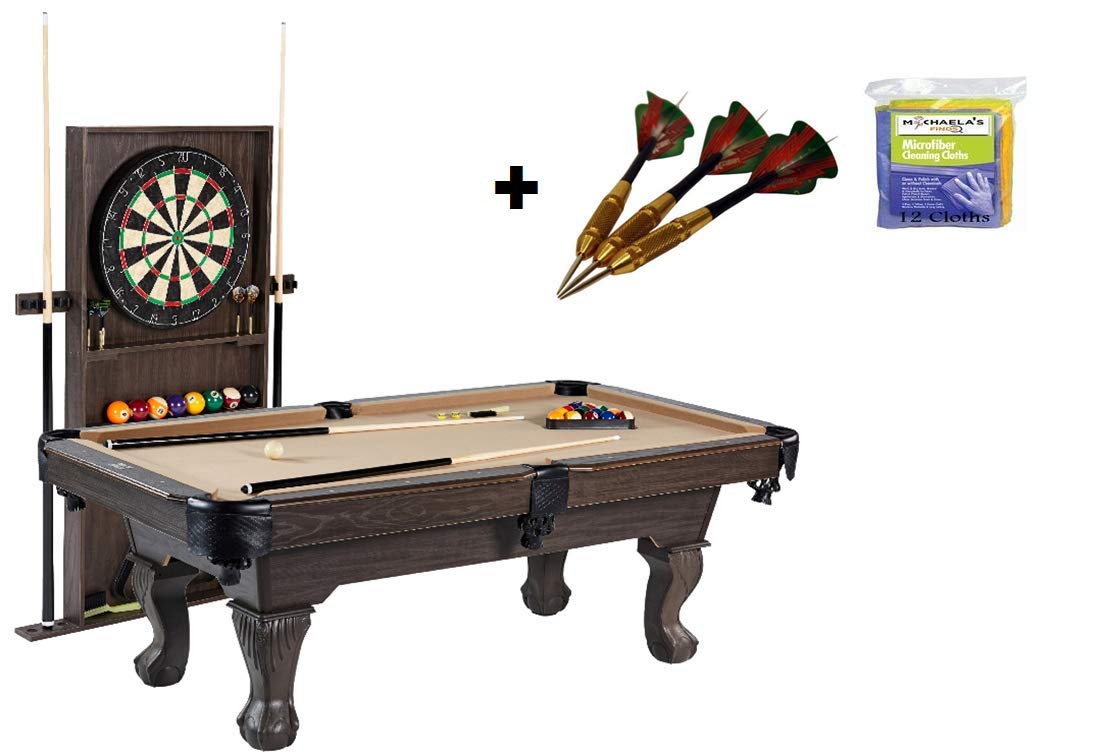 BARRINGTON 90 Inch Ball and Claw Leg Billiard Pool Table with Bonus Cue Rack and Dartboard Set, (Tan)