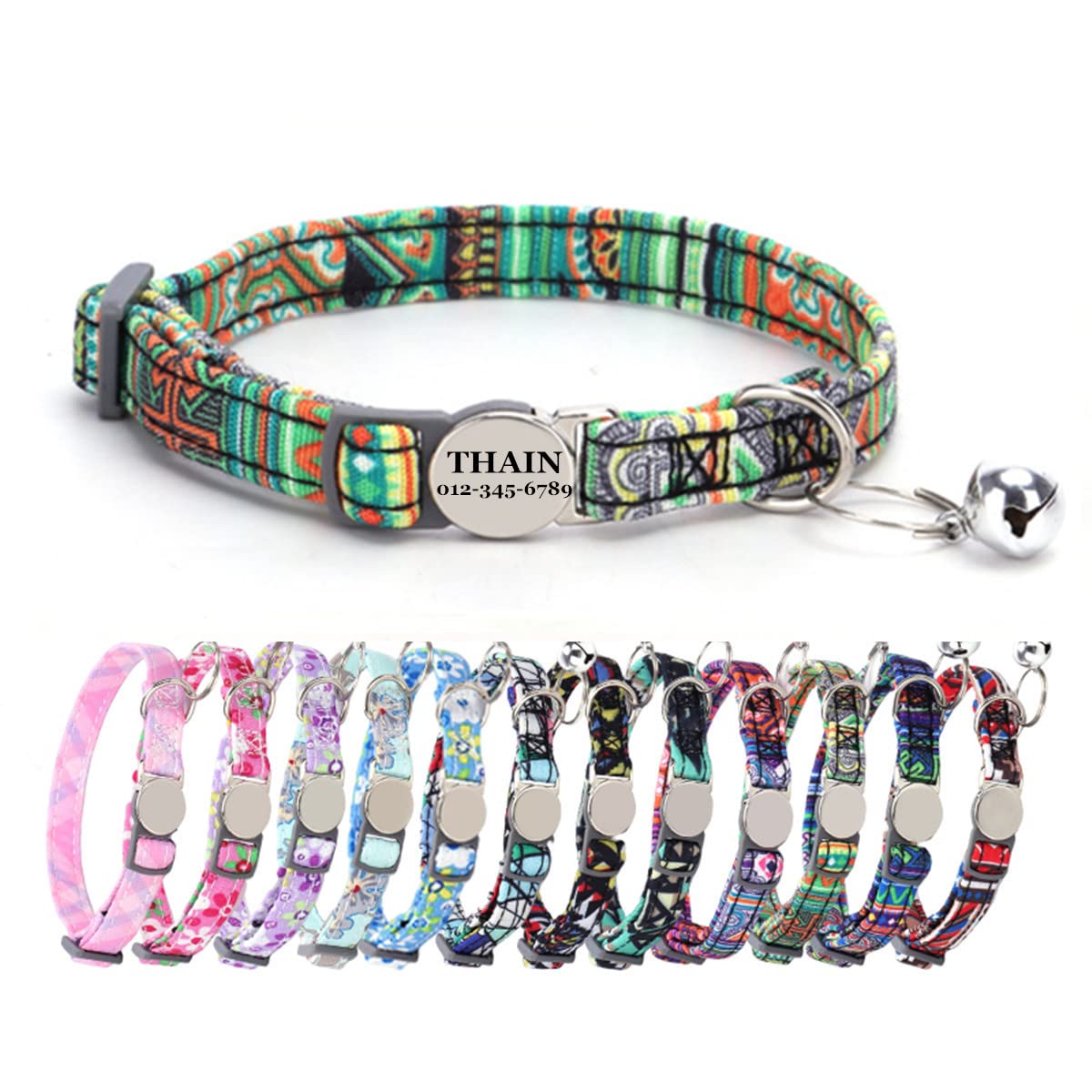 THAIN Cat Collar Personalised with Bell-Custom Cat Collar Engraved nameplate with Name and Phone,Adjustable for Cats and Kitten (S, pattern 7)