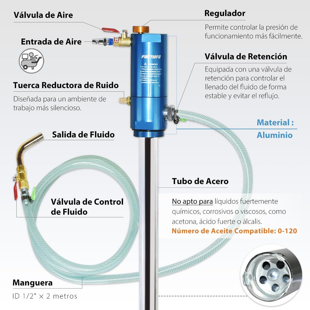 FIRSTINFO Bomba Neumática para Bidón 200L, Sistema 1:1 para Aceites de Alta Viscosidad, Distribuidor para Depósitos Abiertos, Compatible con Aceite de Motor y Transmisión, A1182EU