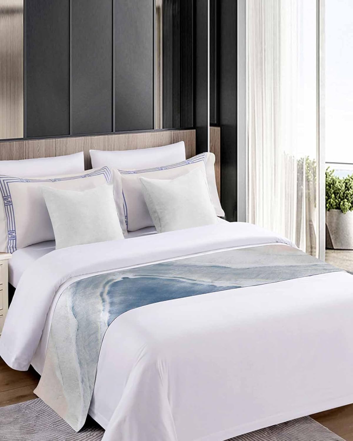 Blue Bed Runner Scarf Bedding Accessory For Full Size Bed,Soft Bed Scarves And Runners Stainproof Bedroom Decor For Hotel Wedding Room,Beach Coast Sea Wave Abstract Contemporary Geometric 83"x20"