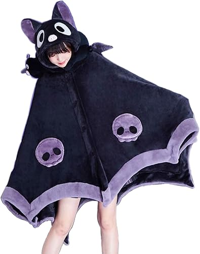 Miniatura 1 de Bonita manta de Halloween con capucha, tamaño libre para adultos, diseño de murciélago diablo, manta de sherpa suave de gran tamaño, con capucha