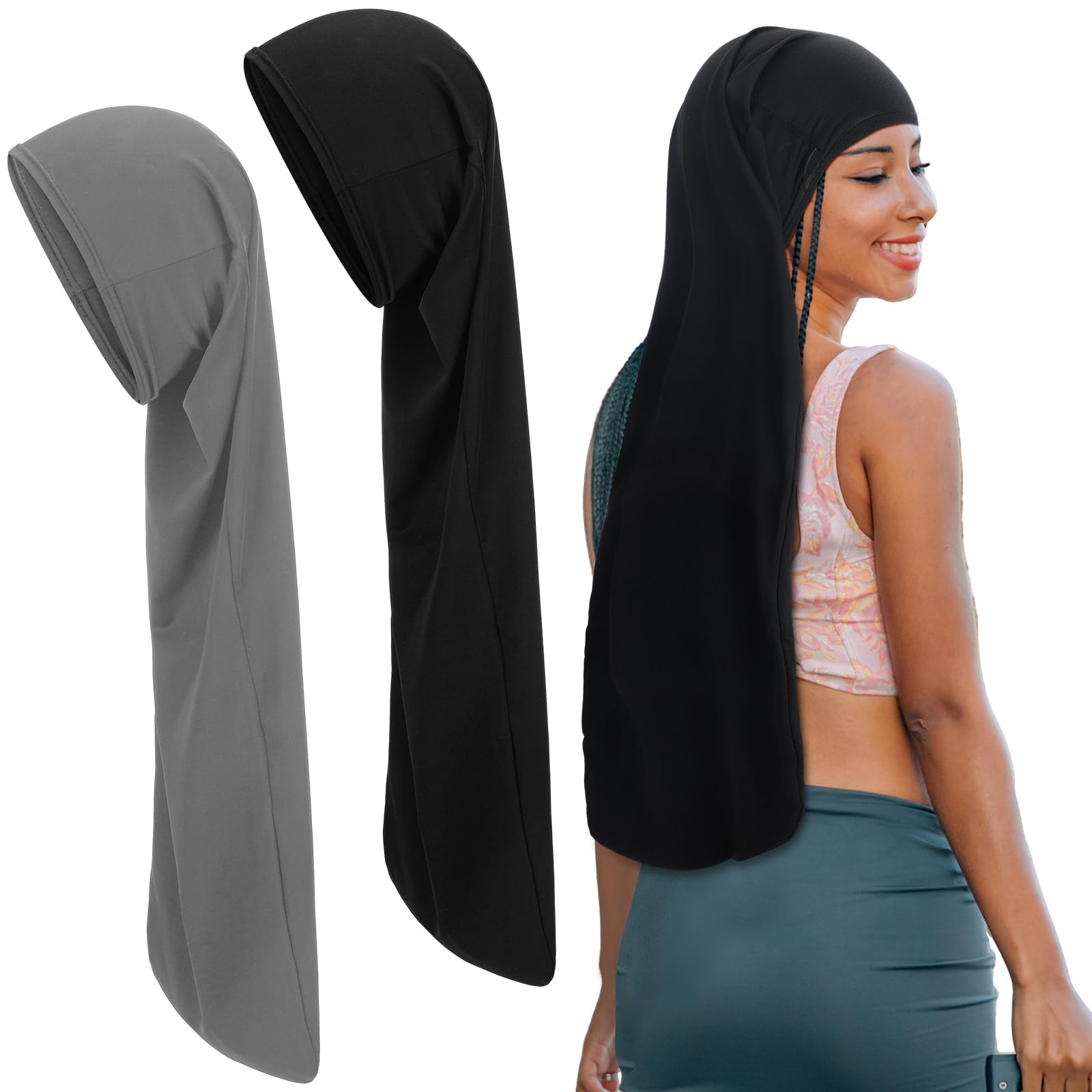 Twistover 2 Pcs Jumbo Dreadlock Cap Hair Dreads Head Wrap Loc Wraps for Dreads Hair Accessories for Men Women Sleeping(Black,Gray,30 Inches)