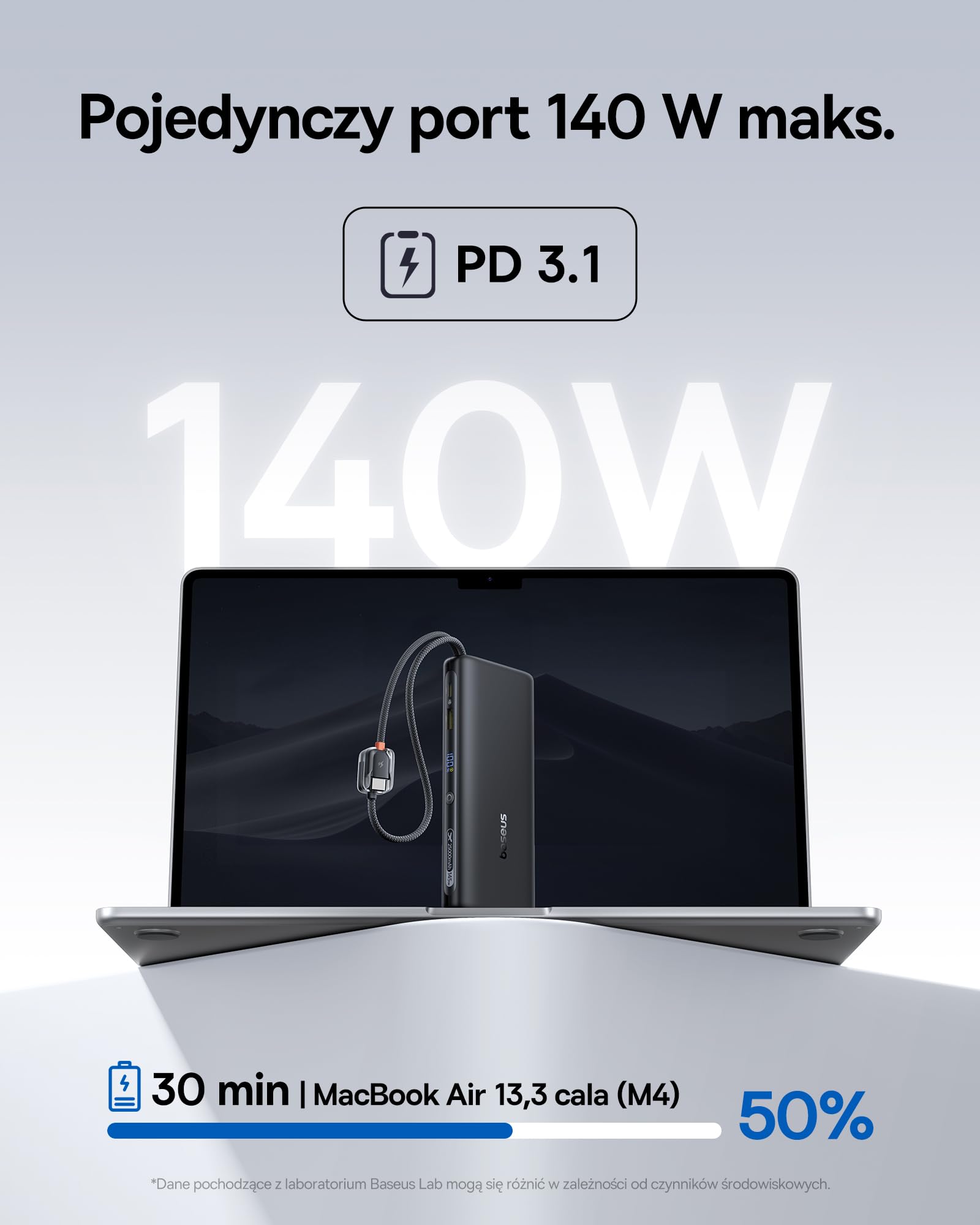 Baseus FC41 Powerbank 145 W, 25000 mAh, do szybkiego ładowania, powerbank z 2 wbudowanymi kablami USB-C, zewnętrzne akumulatory do telefonów komórkowych MacBook Pro, iPhone 17/16/15, Dell, HP