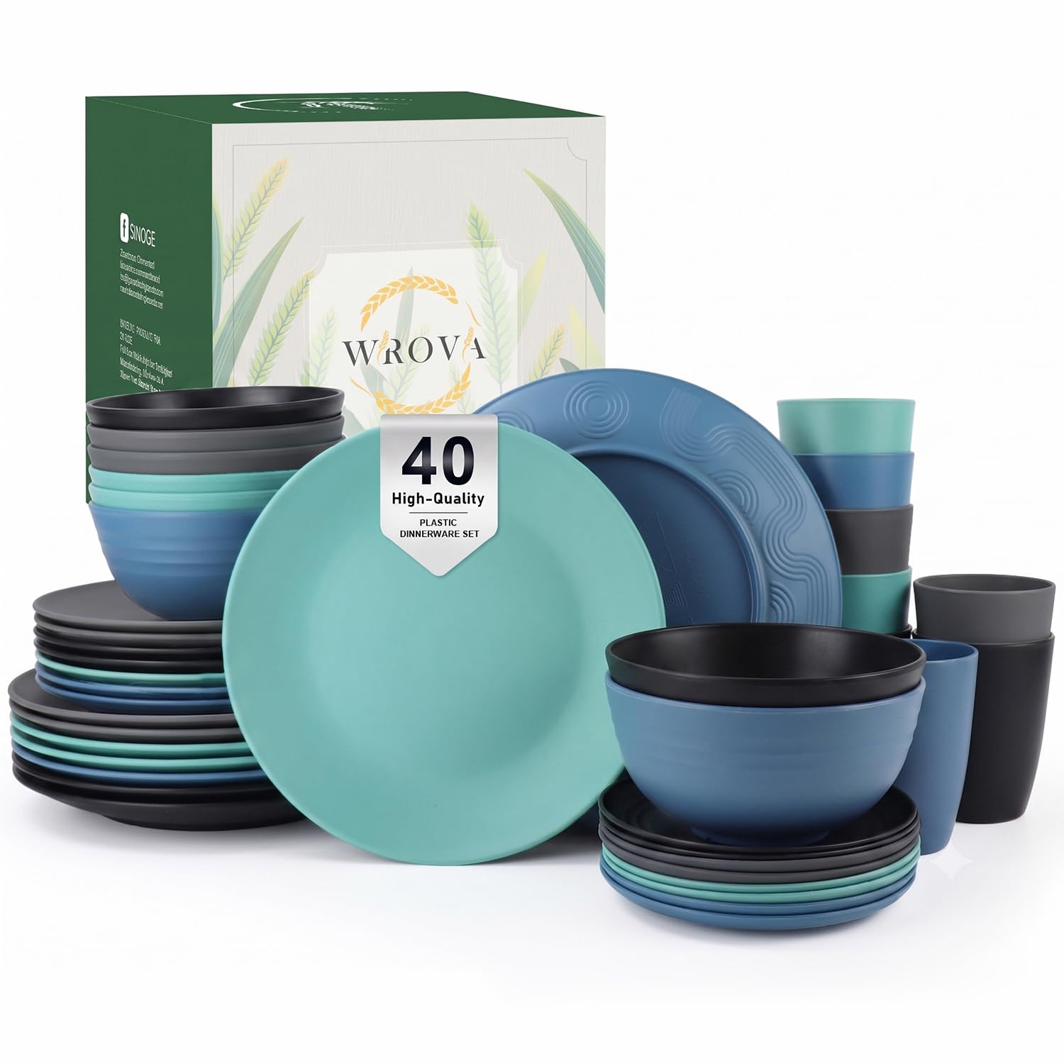 Wrova Reusable Plastic Dinner Set 40 PCS - Service for 8 Unbreakable Plates and Bowls Sets - Dinner Plate, Dessert Plates, Cereal Bowls, Drinking Cups Microwave and Dishwasher Safe - Black&Blue