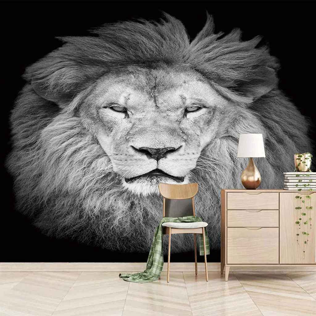 Papier peint lion 3D pour rénover un mur abîmé sans colle poster mural gris toile 200x140