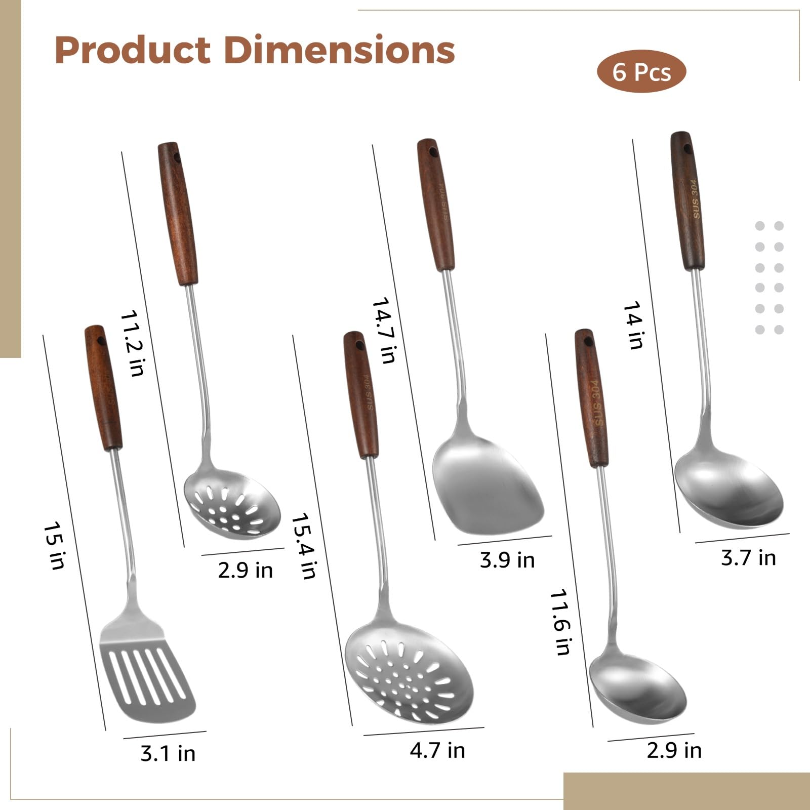 6 Stk. Hängende Wok-Kochutensilien aus Edelstahl mit Holzgriff, ergonomisch geformt, hitzebeständig, zum Braten, Wenden und für Küchenarbeiten, praktisch zum Aufhängen und täglichen Einsatz