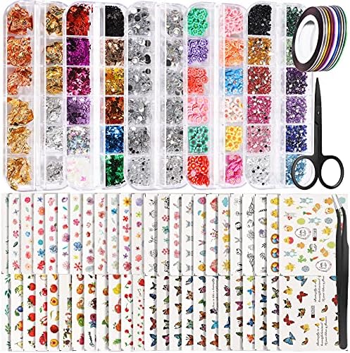 50 Sheets Nail Art Stickers, Teenitor Nail Art Decoration Kit with Nail Water Stickers Decals Crystal Rhinestones Holographic Glitter Sequins Nail Art Foils Nail Striping Tape Nail Flowers Slices