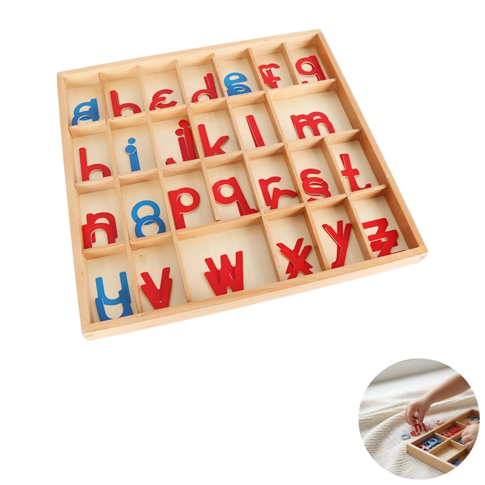 PONDON Drewniane alfabety z pudełkiem i kocem, ruchomy alfabet do wczesnej edukacji, małe litery kursywne, czerwone spółgłoski, niebieskie samogłoski, 34,5 x 33 x 2,5 cm